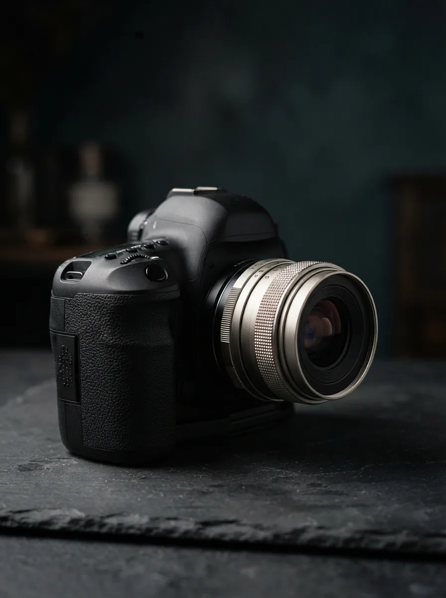 A classic Contax G lens mounted on a modern Canon EF camera via a sleek adapter, placed on a dark textured surface