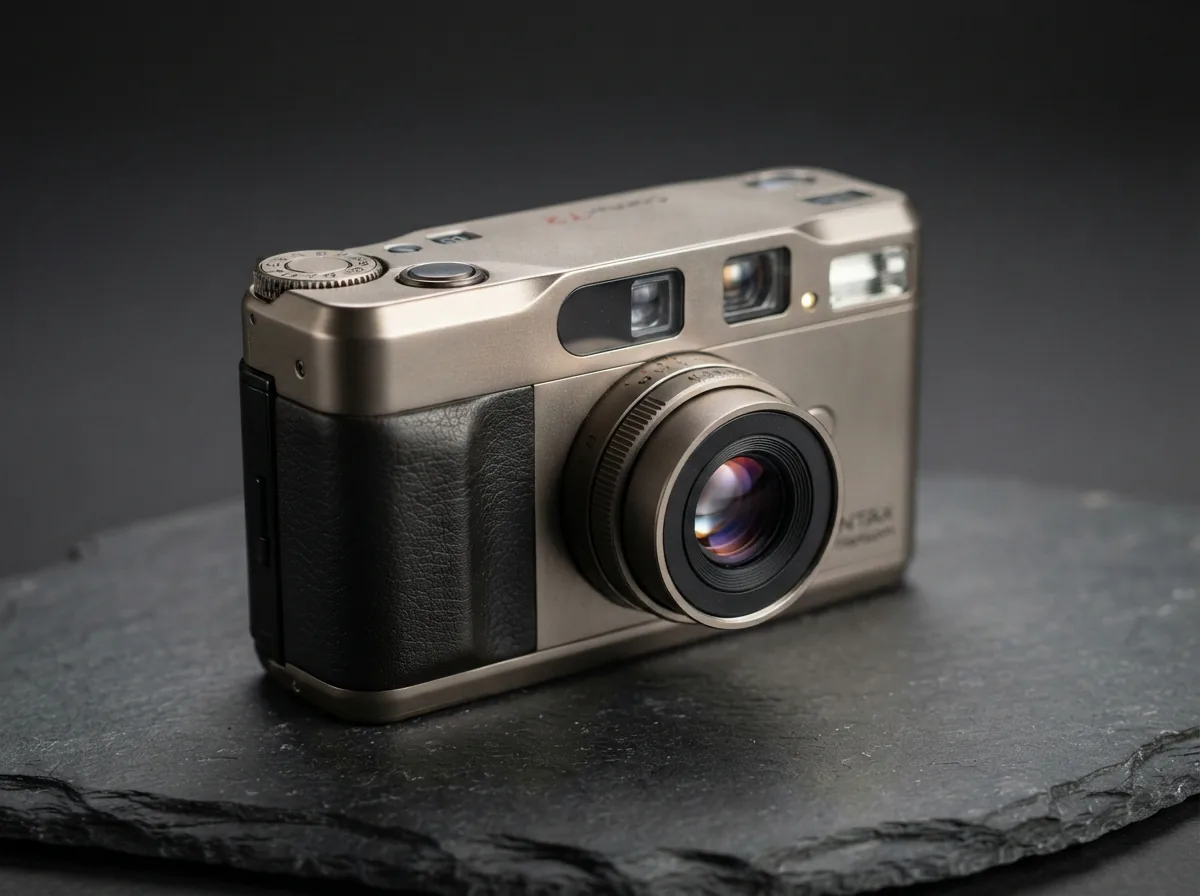 A Contax T2 camera resting on a textured slate surface, its titanium body catching the light to show a fine brushed finish.