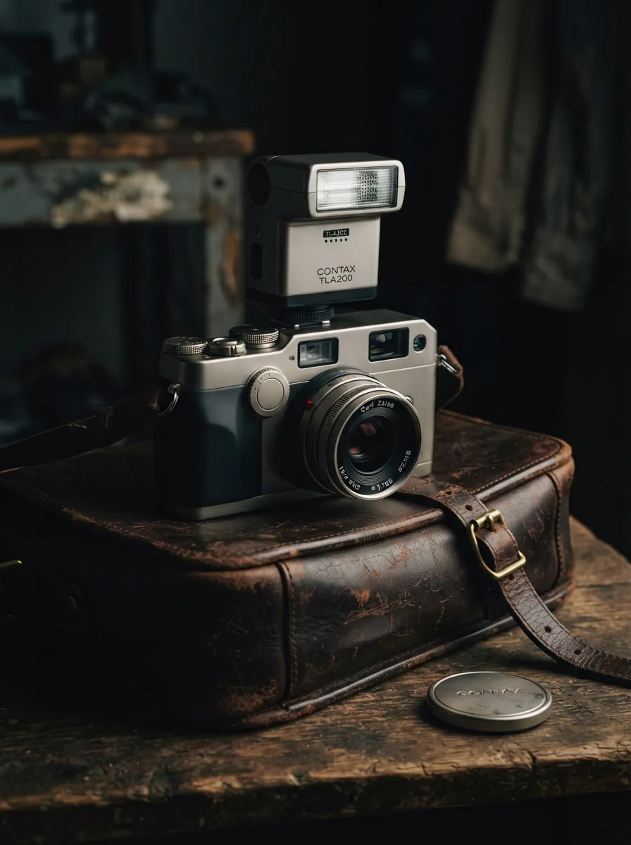 A dramatic low-angle shot of a Contax G2 camera with a TLA200 flash attached, positioned on a vintage leather camera bag with a lens cap nearby.