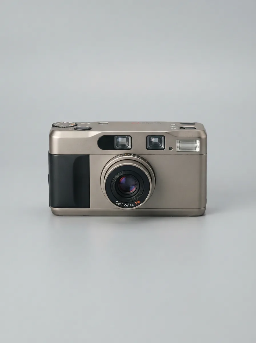A Contax T2 camera positioned centrally against a clean, neutral background, highlighting its titanium body and lens.