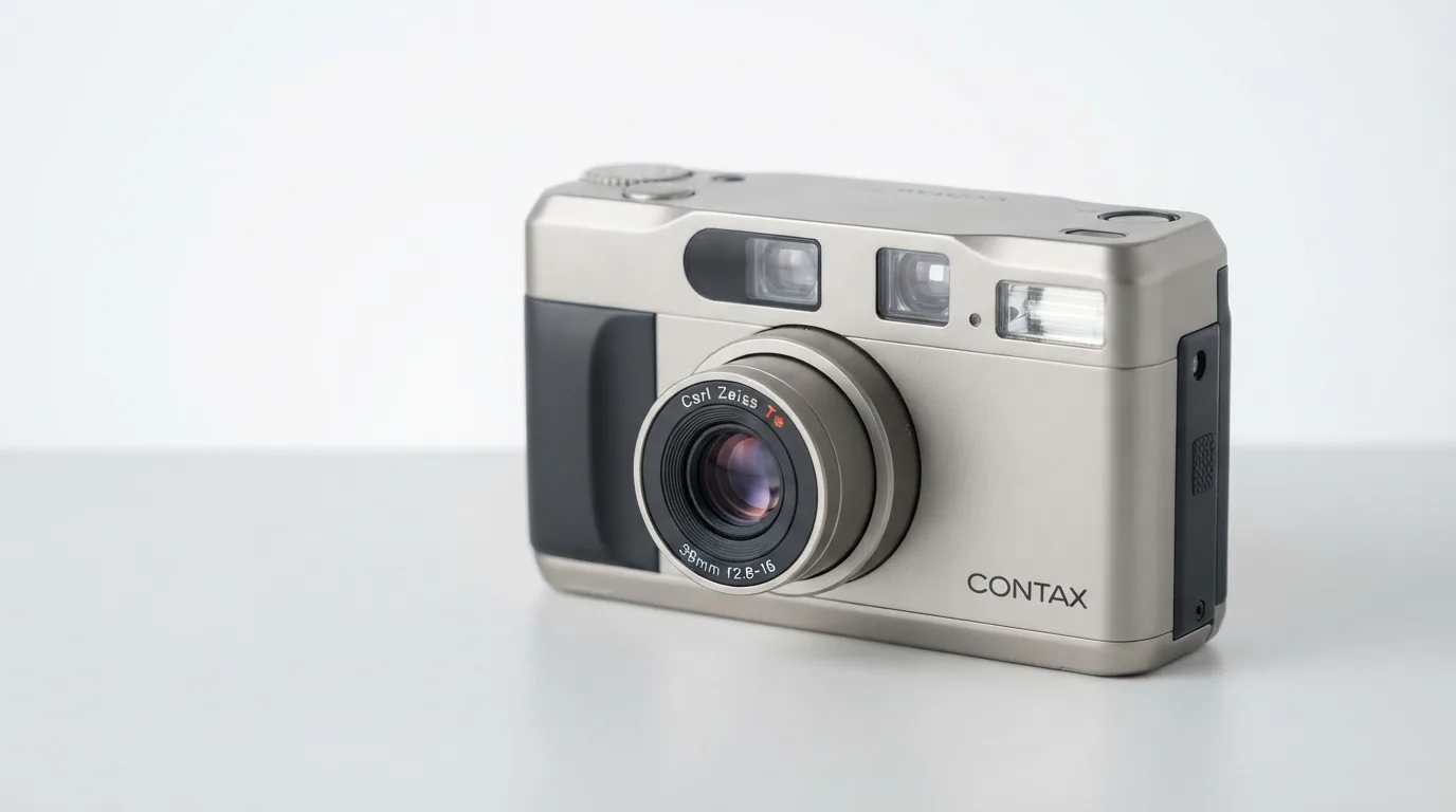 A silver Contax T2 35mm point and shoot film camera.