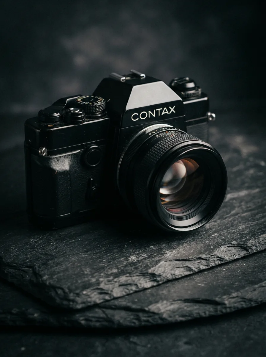 A classic Contax SLR camera body with a Carl Zeiss lens mounted, presented on a textured studio surface.