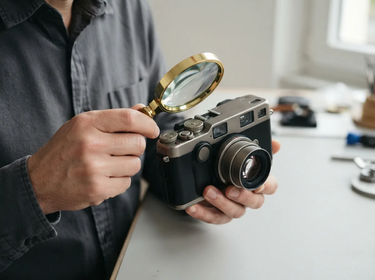 A person examining a Contax digital camera with a magnifying glass.