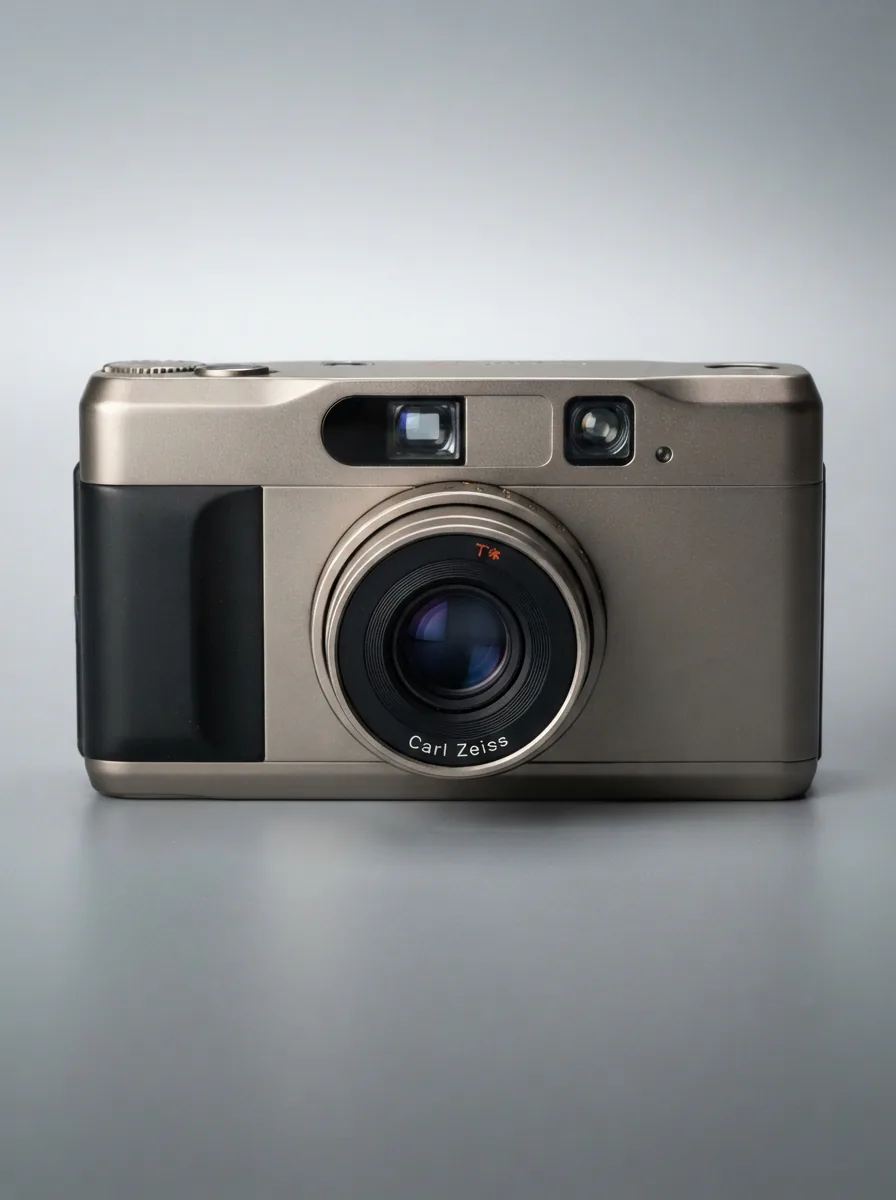 Front view of the Contax T2 35mm film camera with its Carl Zeiss Sonnar 38mm f/2.8 lens.