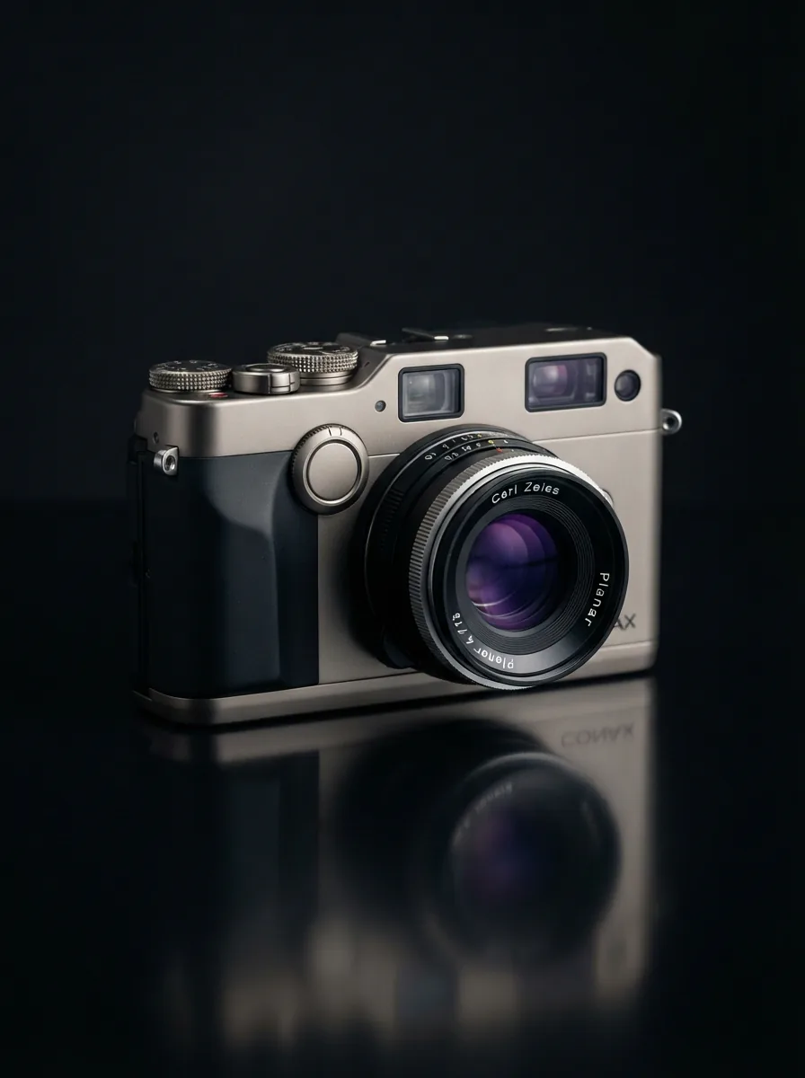 A front three-quarter view of the Contax G2 camera with a Zeiss 45mm lens attached, standing upright on a dark, reflective surface.