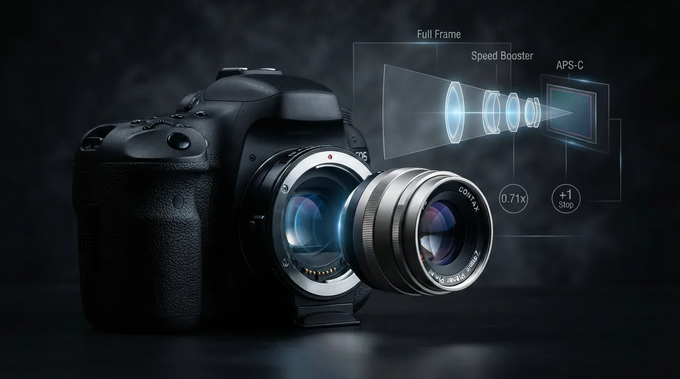The speed booster adapter mounted on a crop-sensor Canon DSLR, with a Contax G lens attached