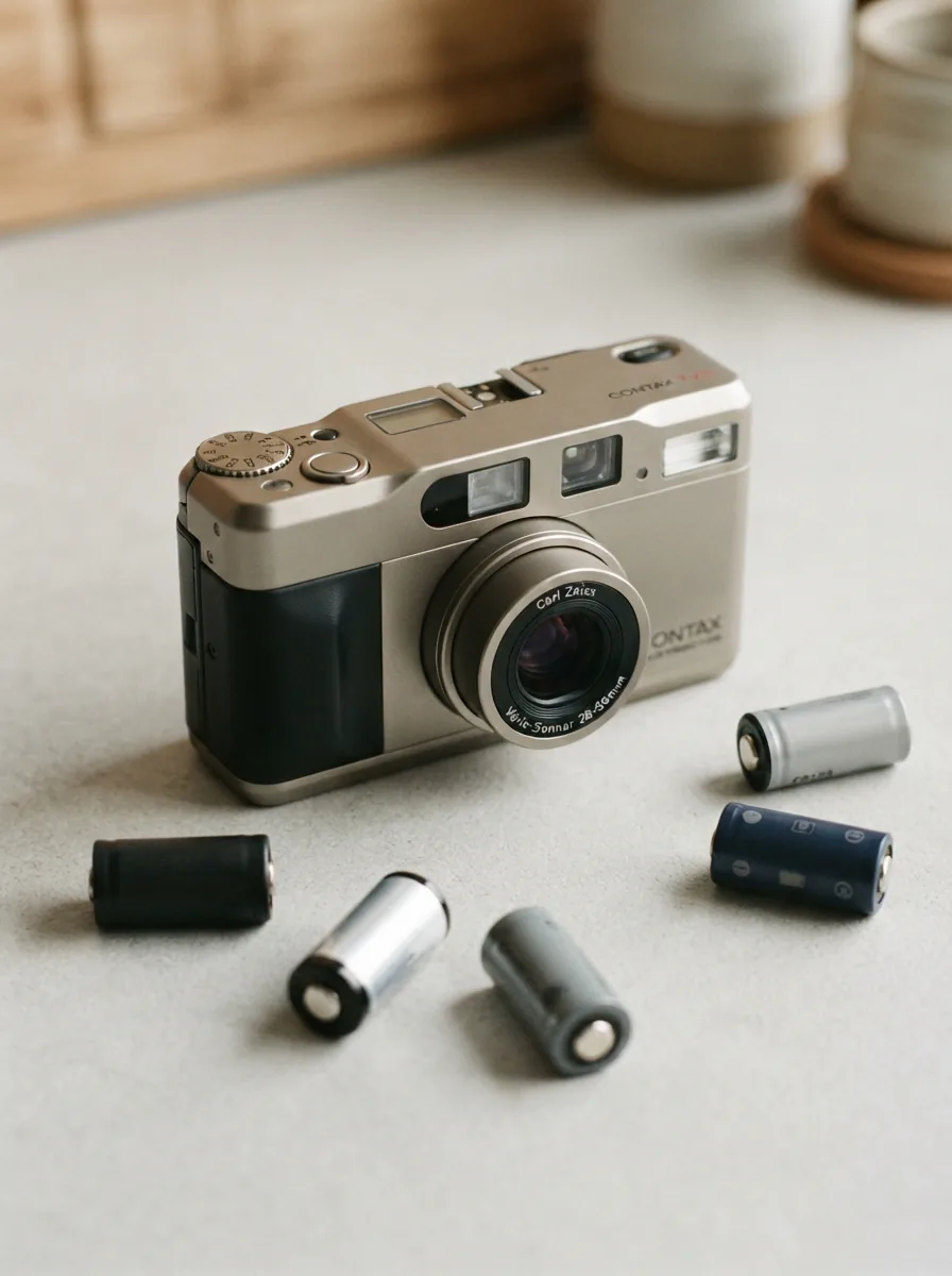A sleek Contax TVS compact film camera placed centrally with a selection of CR123 lithium batteries arranged around it