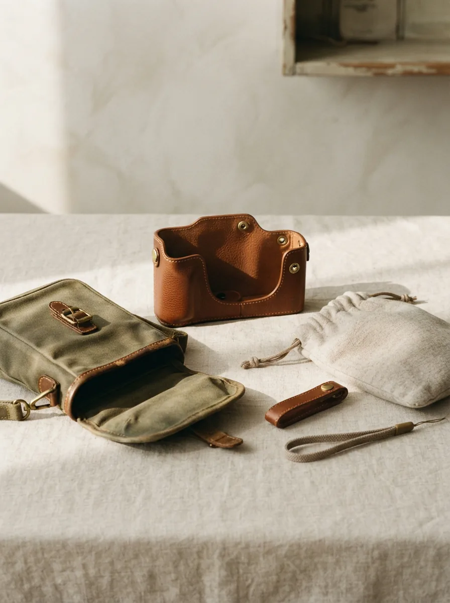 A selection of Contax T2 cases and accessories arranged artfully.