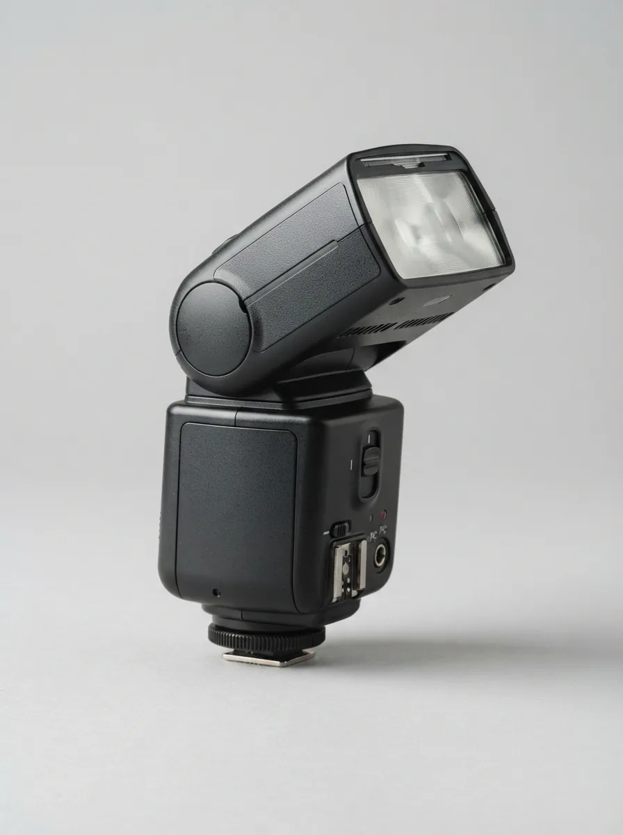 The Contax TLA 280 flash unit, presented at a three-quarter angle against a neutral background.