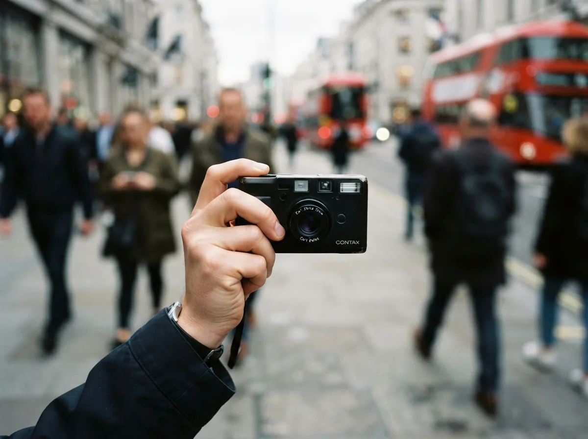 The Contax T3 camera being held discreetly at waist level, capturing a street scene.