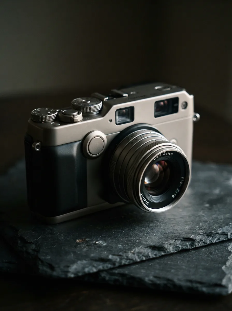 The Contax G1 rangefinder camera with a 45mm lens attached on a textured surface.