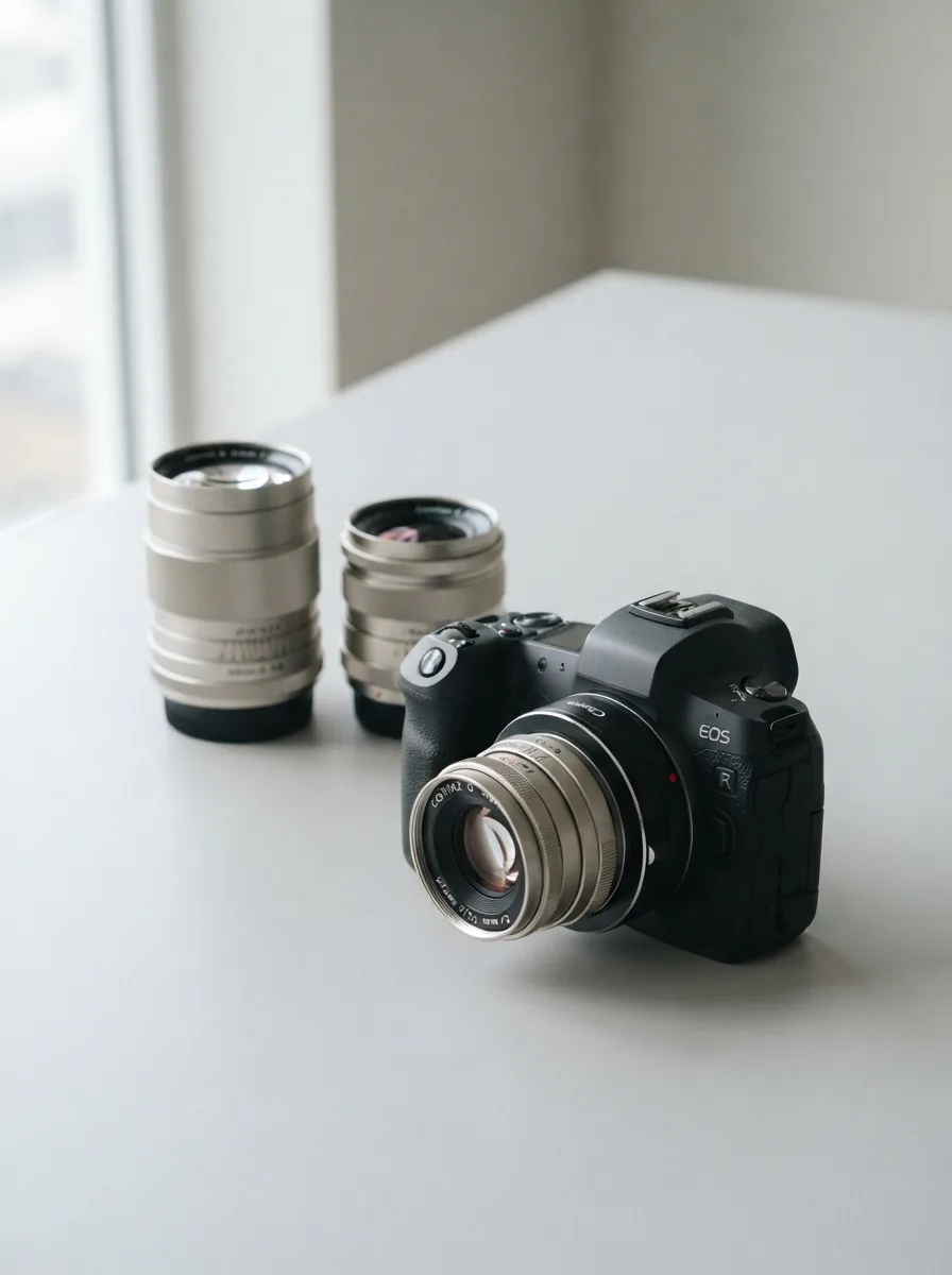 A collection of Contax G lenses and a Canon RF camera displayed on a minimalist surface, with an adapter linking them.