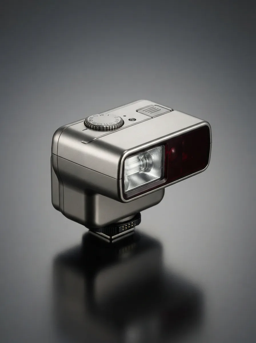 Contax TLA 200 chrome flash unit, hero product shot.