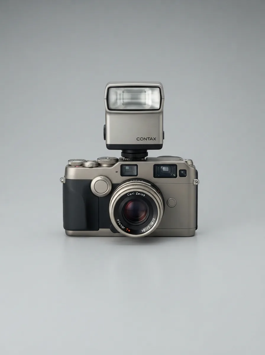 A Contax G2 camera with a shoe mount flash attached, presented on a minimalist background.
