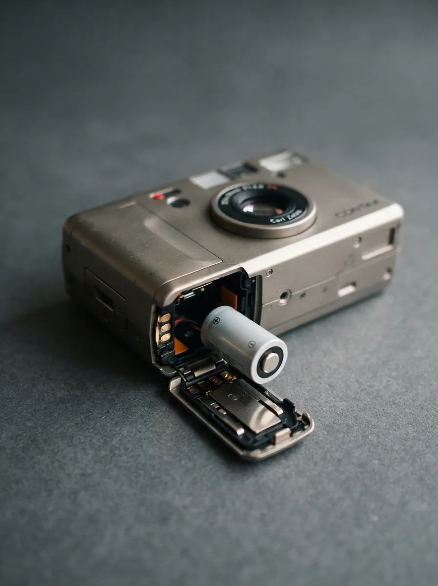 A Contax T3 camera with its battery compartment open, showing a CR2 battery being installed.