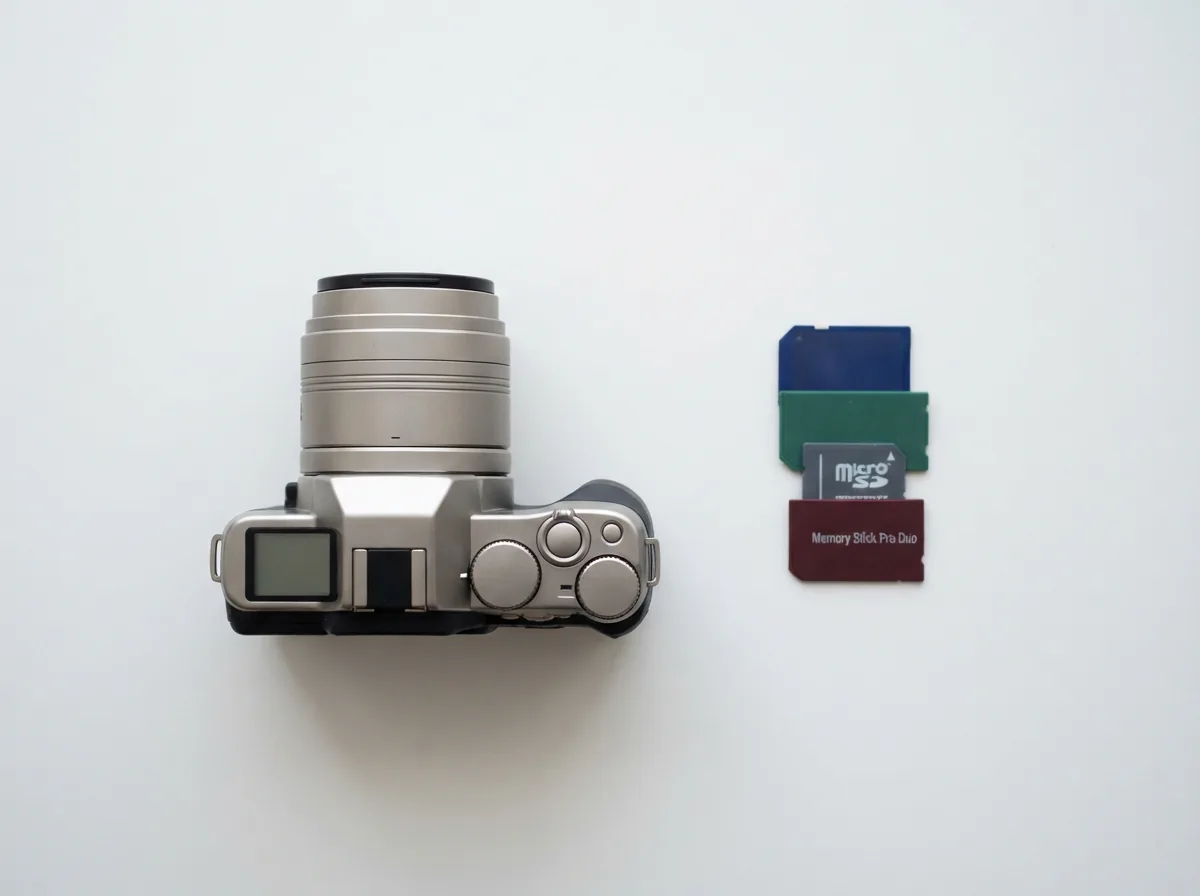 A comparison of memory cards next to a Contax digital camera.