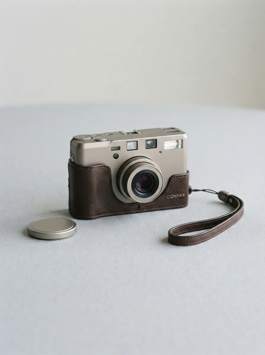 A hero shot of a Contax T3 camera with several key accessories arranged around it on a minimalist background