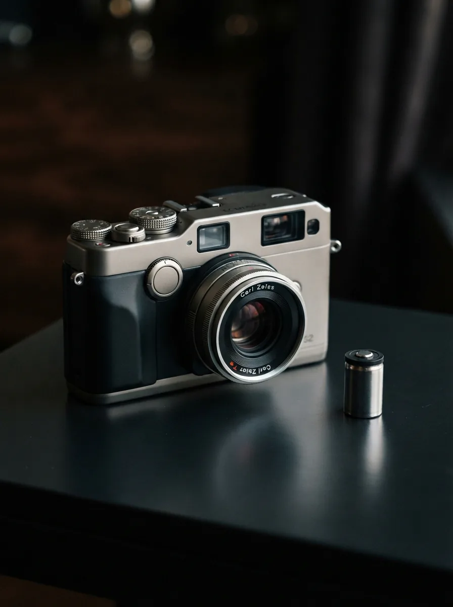 A silver Contax G2 rangefinder camera with a battery placed beside it on a reflective surface.